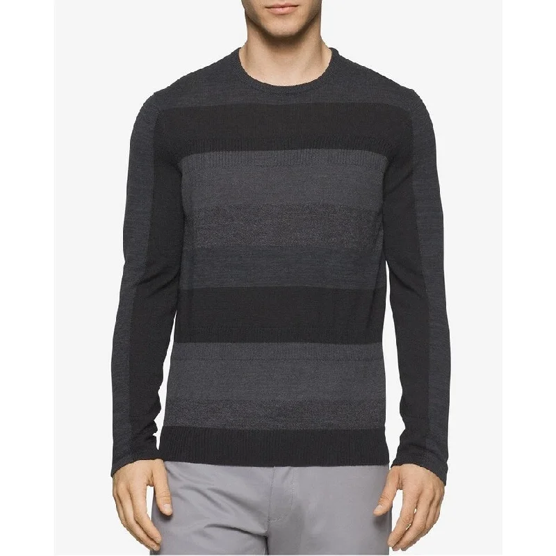 men's sweater with a modern fit-Calvin Klein Men's Merino Colorblock Striped Sweater Charcoal Size X-Large