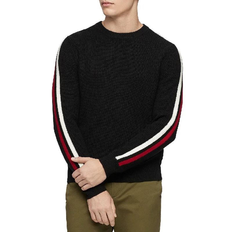 cozy knitted sweater for long winters-Calvin Klein Men's Ribbed Striped-Sleeve Sweater Charcoal Size X-Small