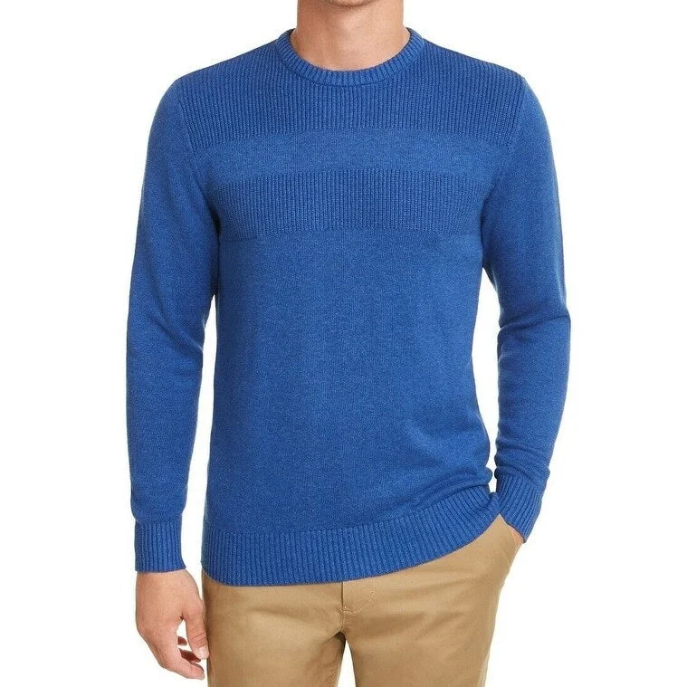 men's oversized knit sweater for cold weather-Club Room Men's Cotton Solid Textured Crew Neck Sweater Blue Size 3 Extra Large - XXX-Large