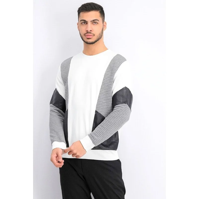 trendy knit sweater for fashionistas-INC International Concepts Men's Ribbed Colorblocked Sweatshirt White Size Large