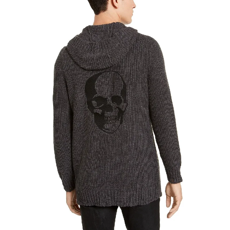 casual wool sweater for a relaxed fit-INC Men's Skull Hooded Cardigan Black Size Extra Large