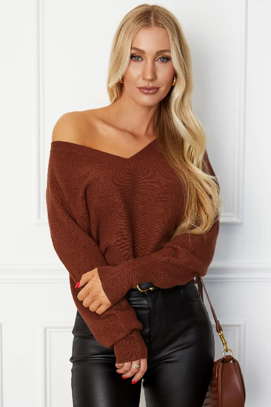 elegant wool sweater for day to night wear-Lena Chestnut V-Neck Knit Sweater