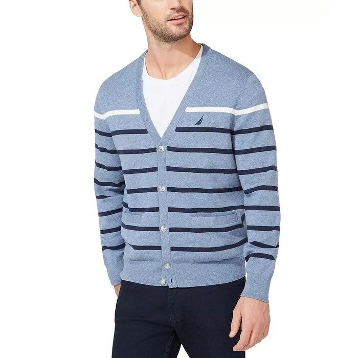 turtleneck wool sweater for warmth-Nautica Men's Striped Long Sleeve Button Down Cardigan Sweater Blue Size XX-Large - XXL