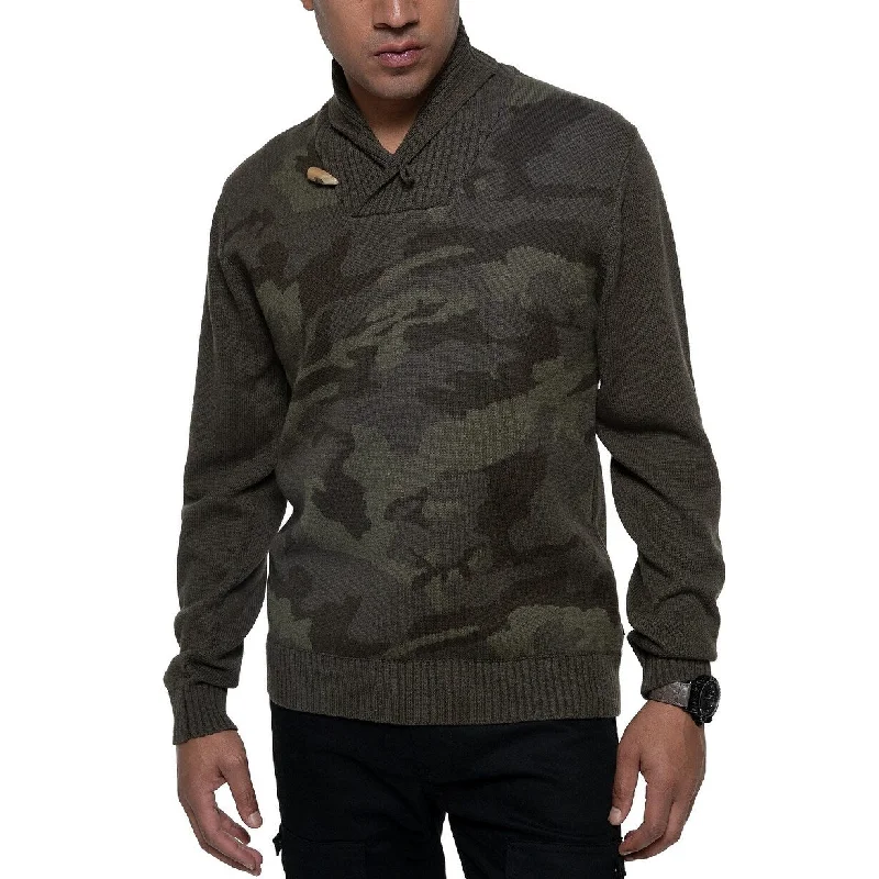 lightweight knitted sweater for warm days-Sean John Men's Shawl-Collar Camo Sweater Med Green Size Large