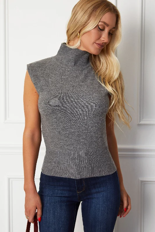 luxurious sweater for chilly nights-Sophie Charcoal High-Neck Sleeveless Sweater Top