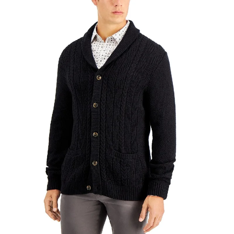 men's oversized knit sweater for cold weather-Tasso Elba Men's Cable Knit Cardigan Black Size Large