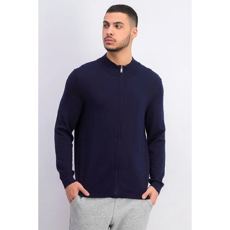 classic wool sweater for layering-Tasso Elba Men's Solid Full-Zip Mock-Neck Merino Wool Blend Sweater Dark Blue Size Medium