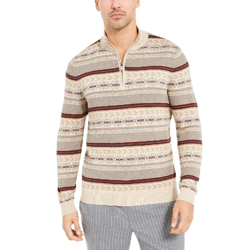 fitted sweater for sleek silhouette-Tasso Elba Men's Striped Quarter-Zip Sweater Beigekhaki Size Medium