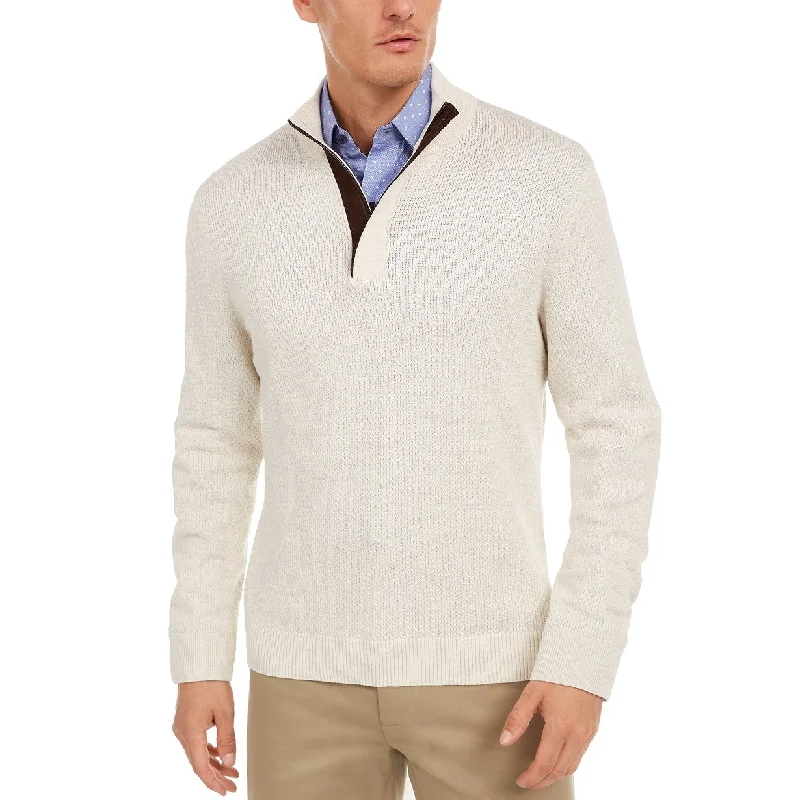 ribbed wool sweater for sleek look-Tasso Elba Men's Supima Cotton Textured 1/4-Zip Sweater Beige Size Small