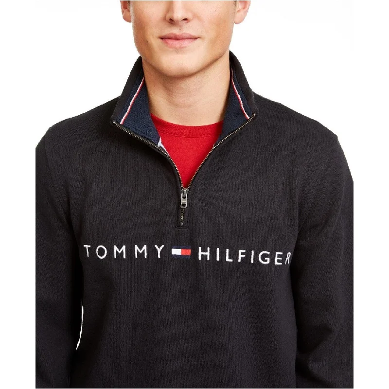 warm wool sweater for winter sports-Tommy Hilfiger Men's Logo French Rib Quarter-Zip Pullover Black Size Large