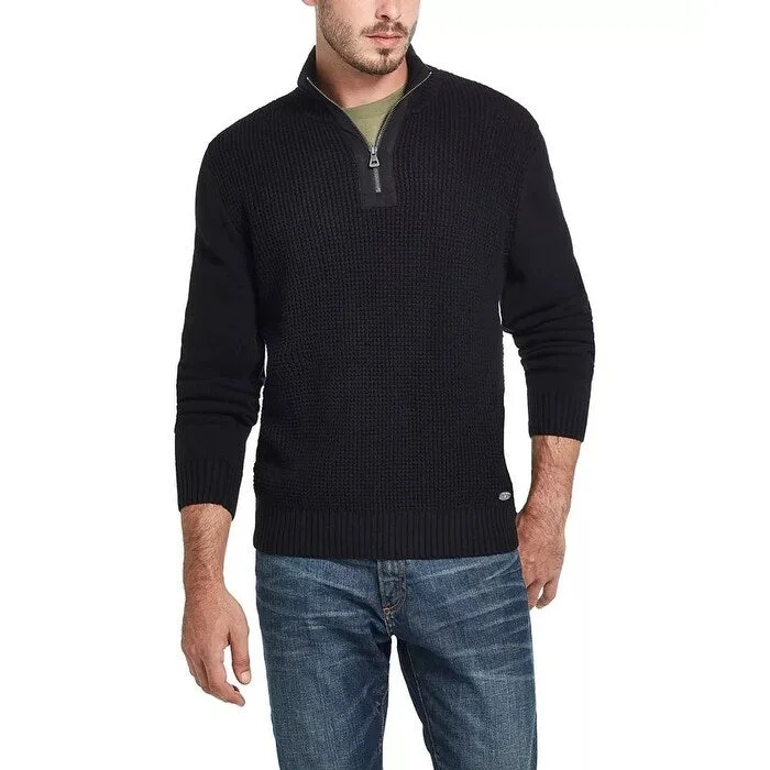 stylish sweater for trendy outfits-Weatherproof Vintage Men's Waffle Texture Quarter Zip Sweater Black Size Large