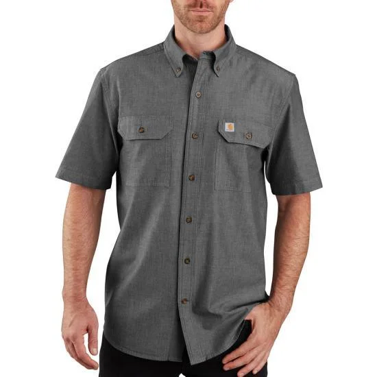 short sleeve shirt for running -Loose fit midweight chambray short-sleeve shirt - Black