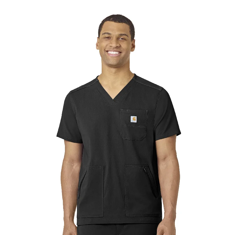 classic short sleeve button-down shirt -Carhartt Rugged Flex Peak Men's 5-Pocket V-Neck Scrub Top - Black