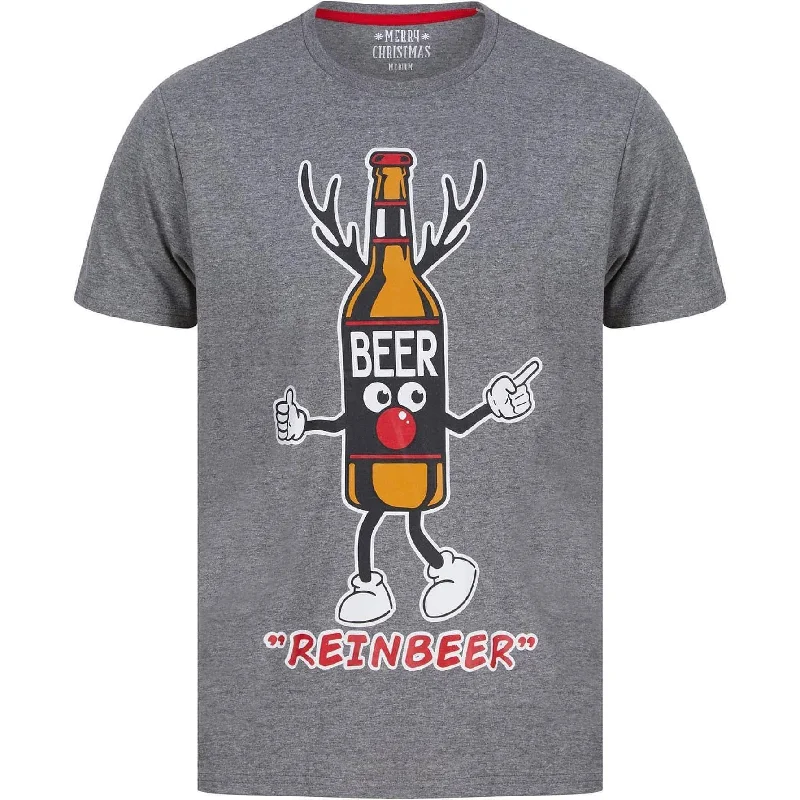 fun print short sleeve t-shirt for men -Christmas Beer Bottle Mens Christmas Short Sleeve Top - Grey