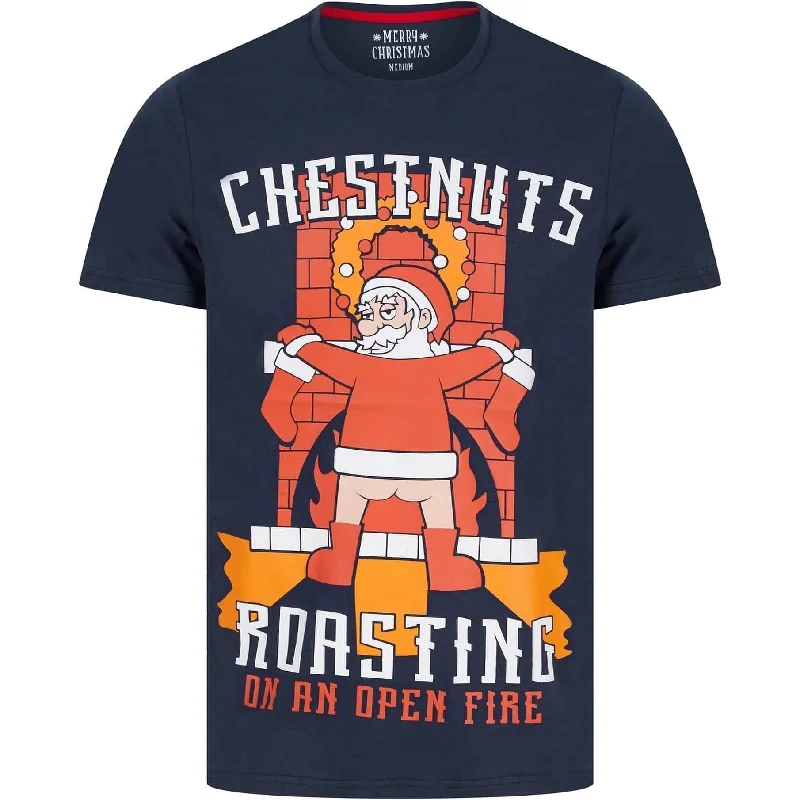 breathable short sleeve t-shirt for women -Christmas Chestnuts Roasting Mens Christmas Short Sleeve Top - Navy