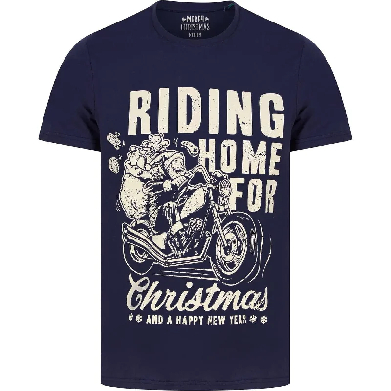 short sleeve thermal t-shirt for winter -Christmas Riding Home Mens Christmas Short Sleeve Top - Navy