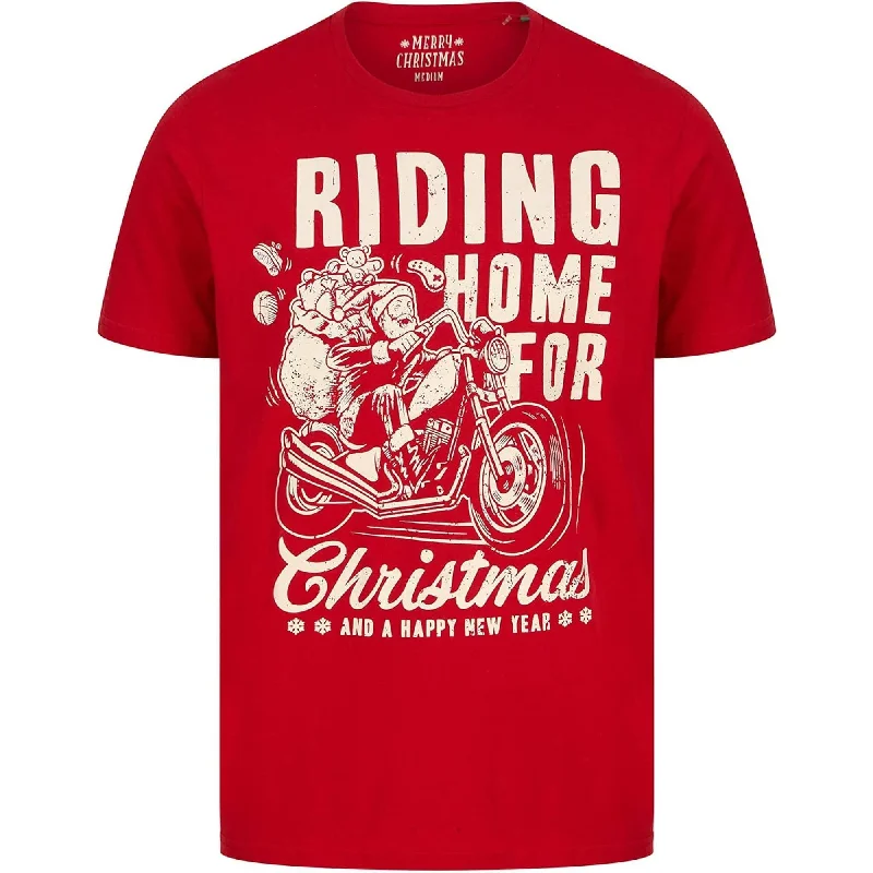 comfortable short sleeve t-shirt for kids -Christmas Riding Home Mens Christmas Short Sleeve Top - Red