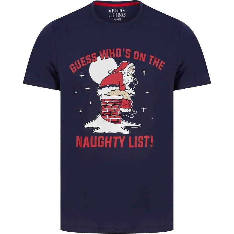 short sleeve shirt for running -Christmas Santa Chimney Mens Christmas Short Sleeve Top - Navy