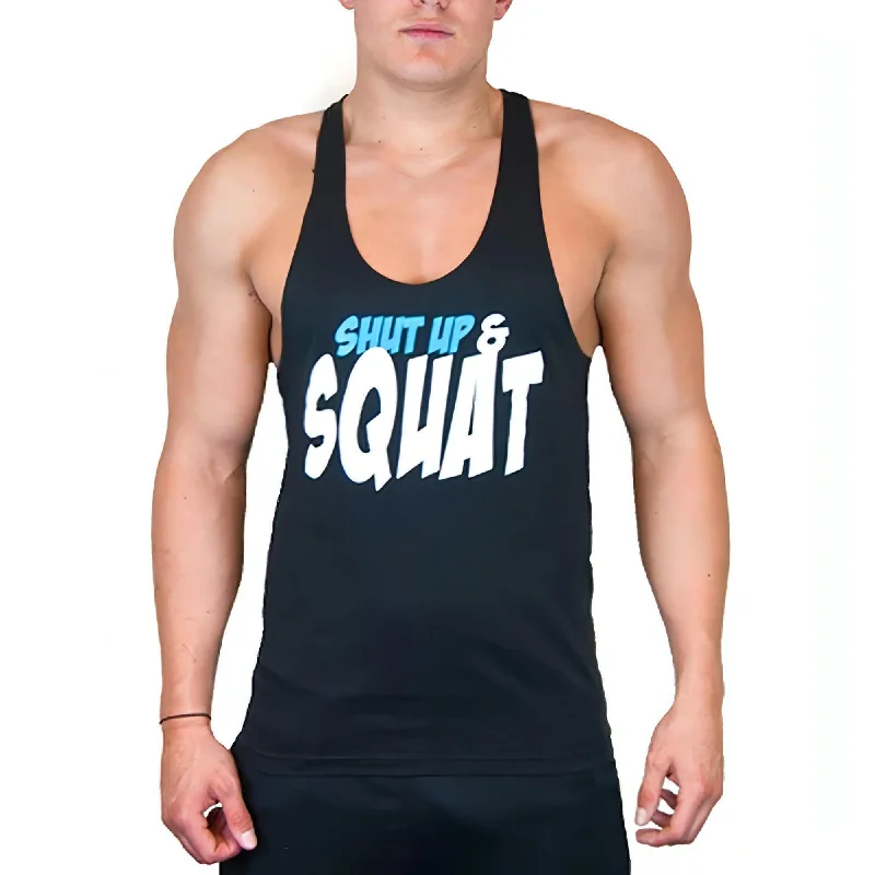 short sleeve t-shirt with motivational quotes -CoreX Fitness Shut Up And Squat Stringer Mens Training Vest - Black