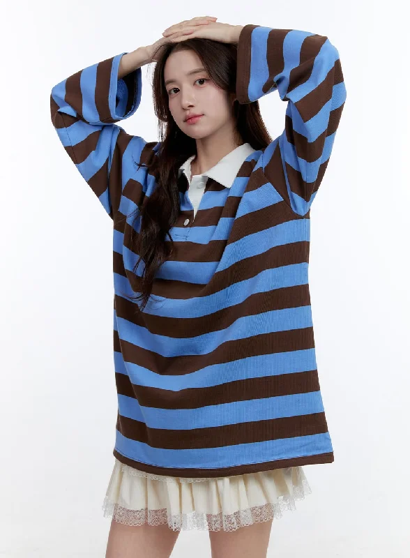 cool short sleeve t-shirt for school -Cotton Oversize Buttoned Long Sleeve Stripe Tee OO407