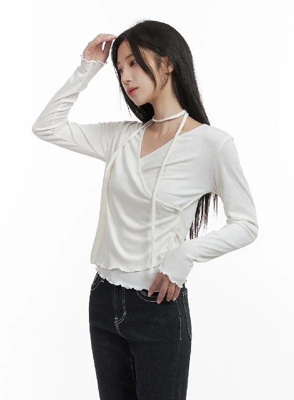 oversized short sleeve shirt for men -Elegant Buttoned Wrap Long Sleeve Top CS430