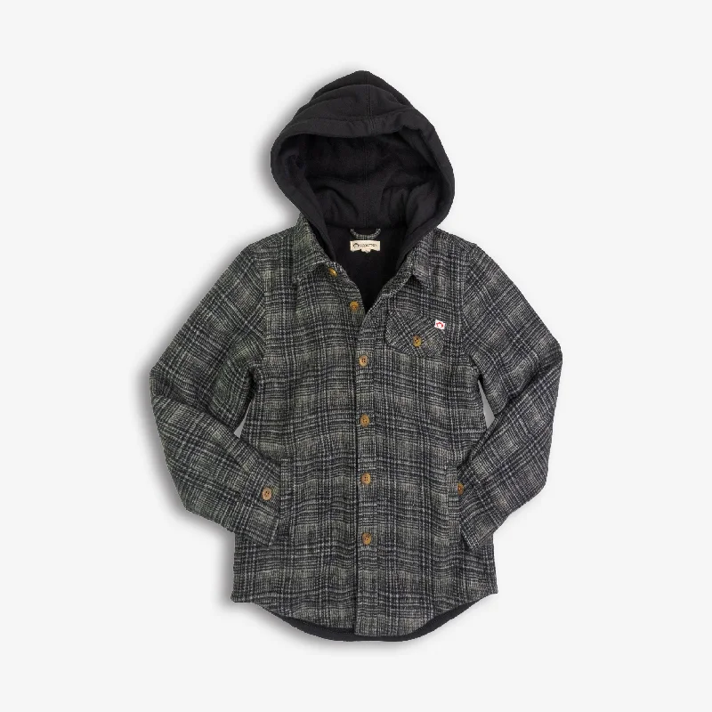 cotton short sleeve t-shirt -Glen Hooded Shirt | Black/Moss Plaid