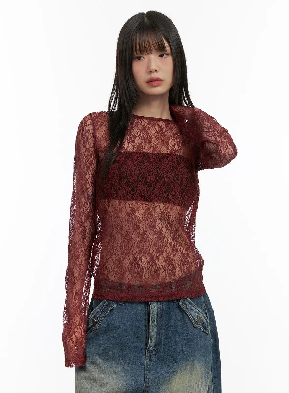 short sleeve t-shirt for yoga -Lace Sheer Long Sleeve Top CO410