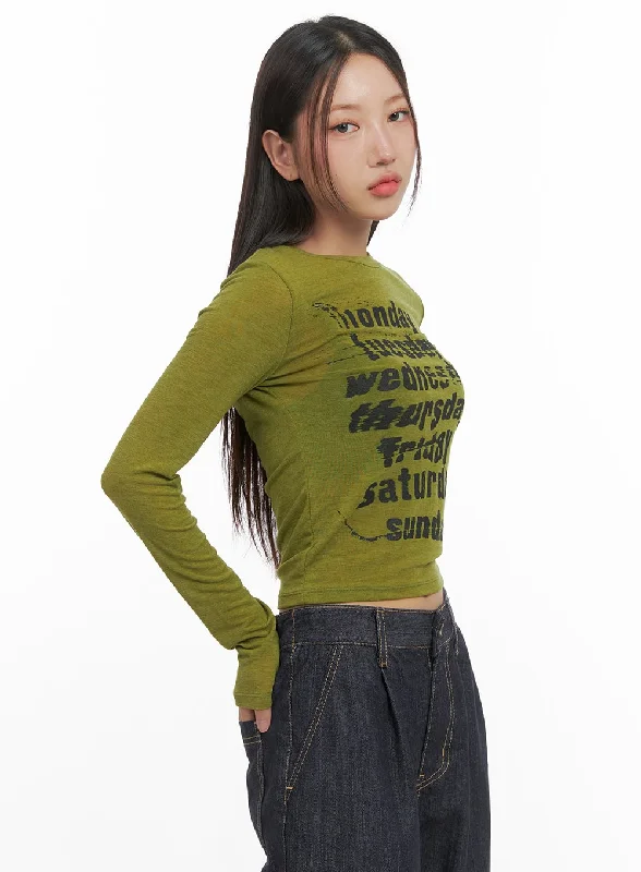 trendy short sleeve shirt for relaxed vibes -Lettered Long Sleeve Crop Tee CO402