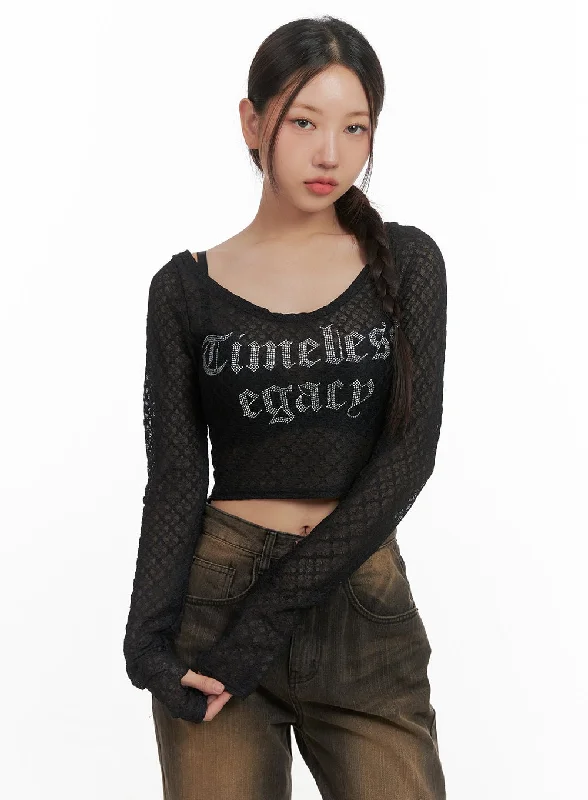 fitted short sleeve shirt for a tailored look -Lettering Mesh Crop Long Sleeve Tee CO404