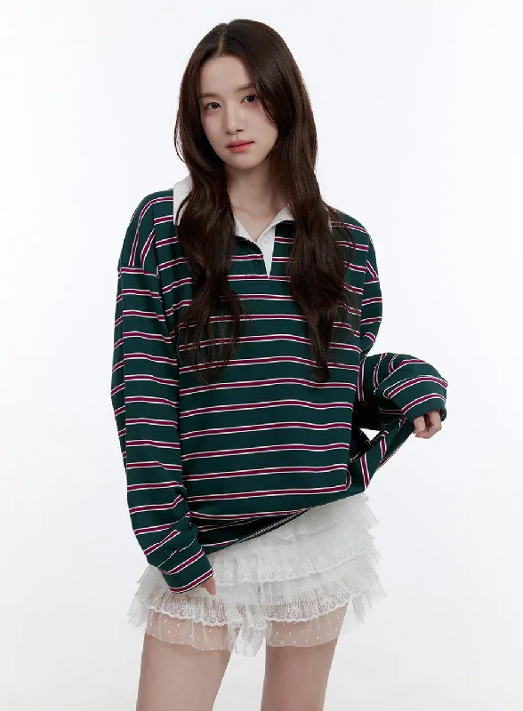 short sleeve t-shirt for cold weather layering -Oversize Collared Stripe Long Sleeve Tee OO407