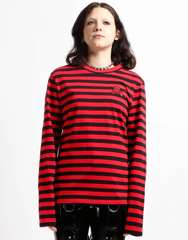 simple short sleeve shirt for casual Fridays -SKULL STRIPE KNIT TOP BLACK/RED