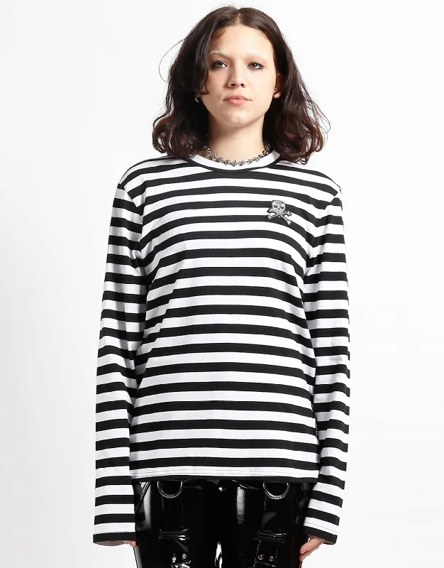 soft cotton short sleeve t-shirt for everyday wear -SKULL STRIPE KNIT TOP BLACK/WHITE