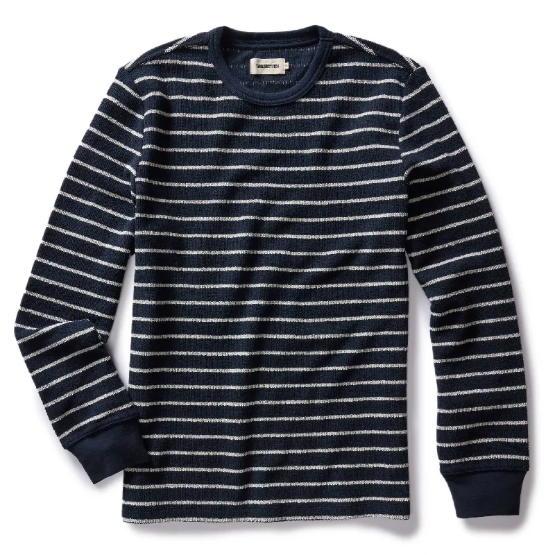 casual graphic short sleeve tee -The Adams Crew in Dark Navy Stripe Reverse Terry