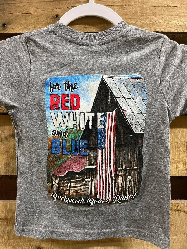 short sleeve shirt with animal designs -Backwoods Born & Raised Red White and Blue USA Barn Unisex Toddler Youth T Shirt