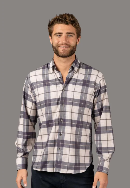 soft floral shirt for casual outings -Beige and Navy Plaid Shirt