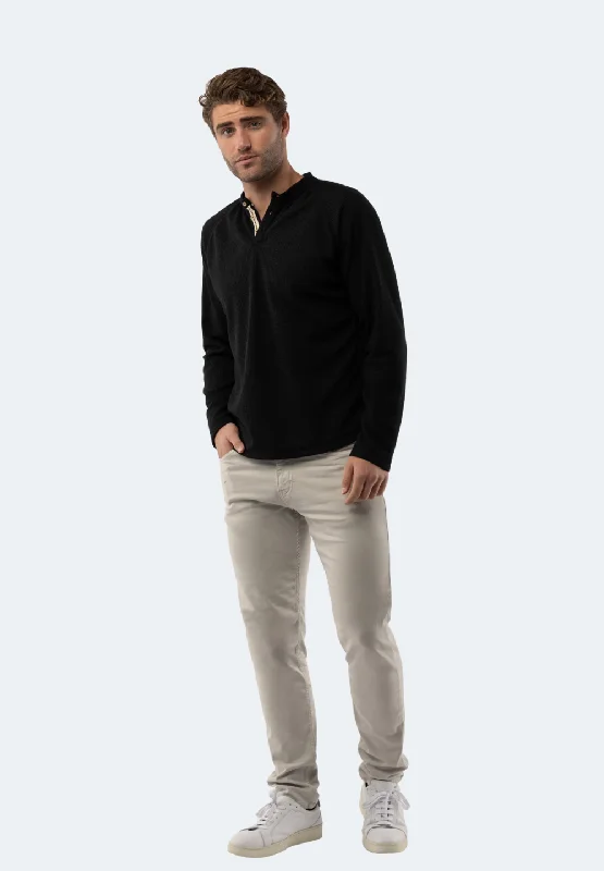 button up shirt with lace details -Black Waffle Knit 3-Button Henley