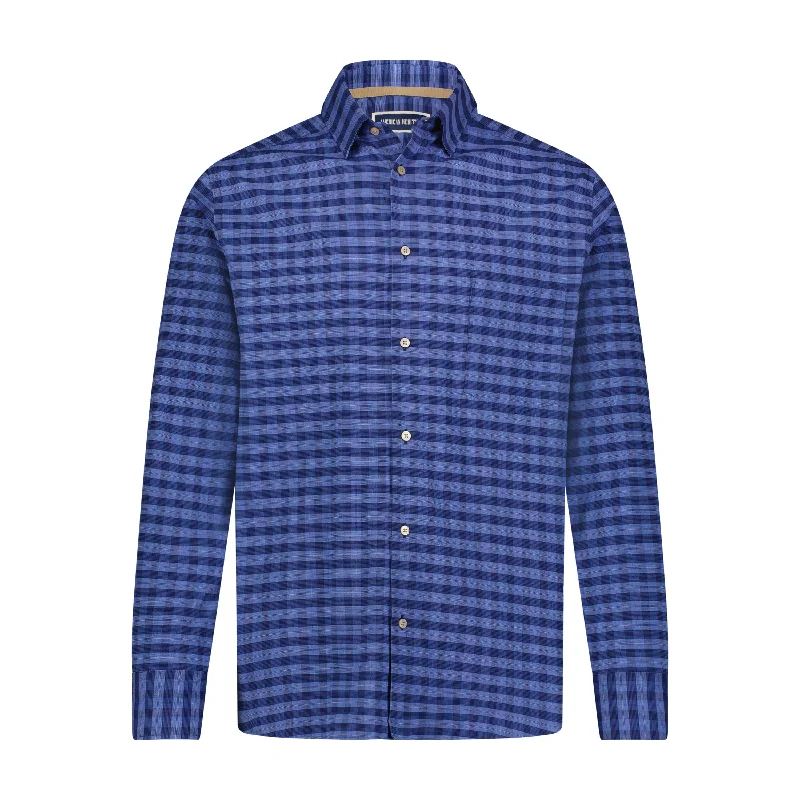 embroidered checkered shirt for men -Blue French Plaid Shirt