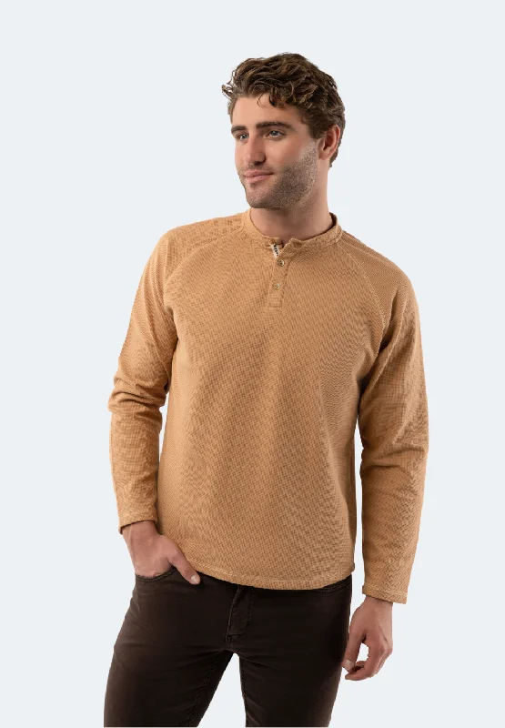 classic t-shirt for men -British Tan Waffle Knit 3-Button Henley