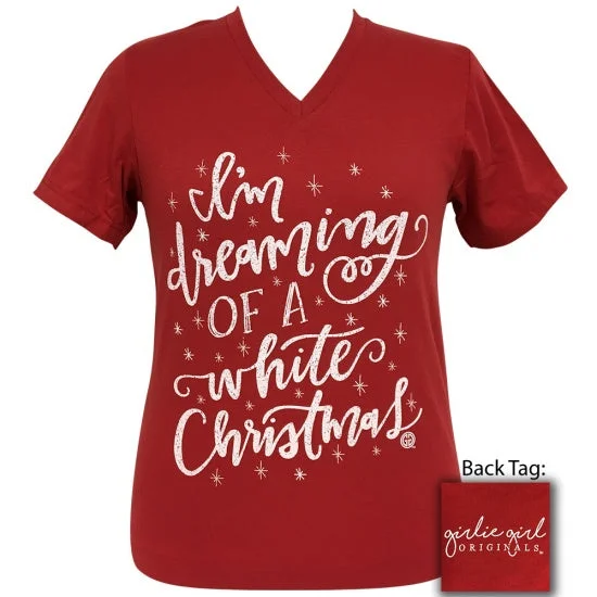 short sleeve t-shirt with motivational quotes -Girlie Girl Preppy Dreaming Of A White Christmas Holiday V-Neck T-Shirt