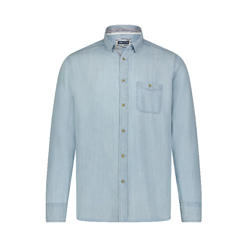 soft checkered shirt for men -Lite Blue Tencel Denim Long Sleeve Shirt