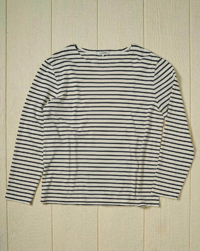 comfortable short sleeve blouse for women -Men’s Breton Stripe Boatneck Tee in Off White/Navy