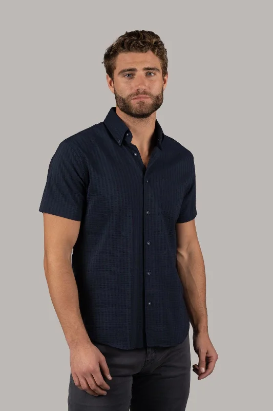 patterned shirt with artistic designs -Navy Seer Sucker Stripe Shirt