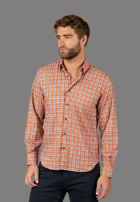 patterned button down shirt for women -Orange, Navy, and White Plaid Shirt