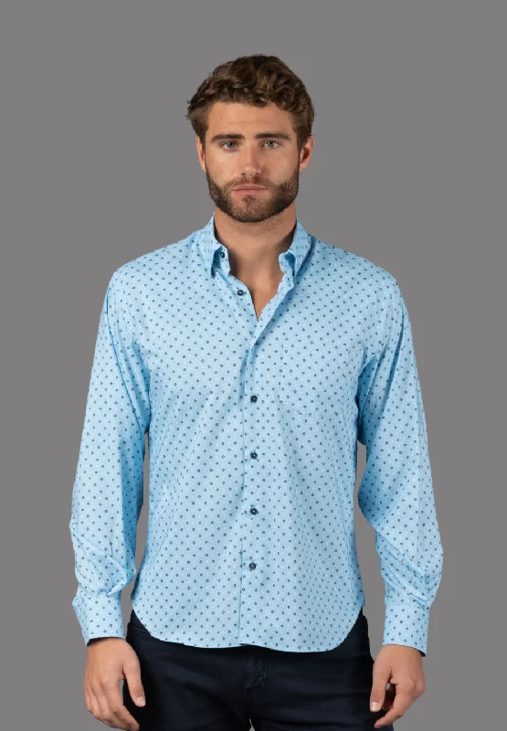 soft floral shirt for casual outings -Powder Blue with Navy and White Box Shirt