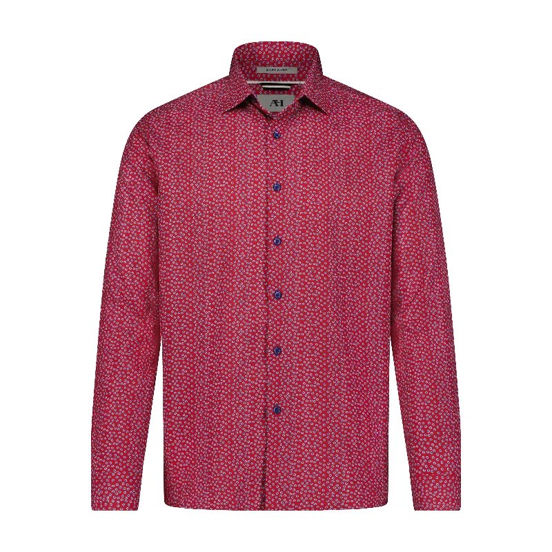 casual plaid shirt for business casual -Red with Indigo Dot Print Hidden Button Down Long Sleeve Shirt