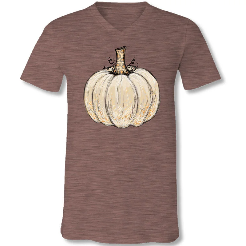 casual short sleeve shirt for business casual -SALE Sassy Frass Thankful White Pumpkin V-Neck Canvas T-Shirt