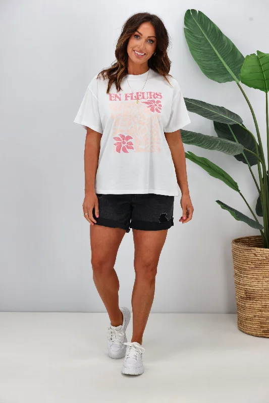 affordable short sleeve shirt for summer -Shine On Label En Fleurs Tee White