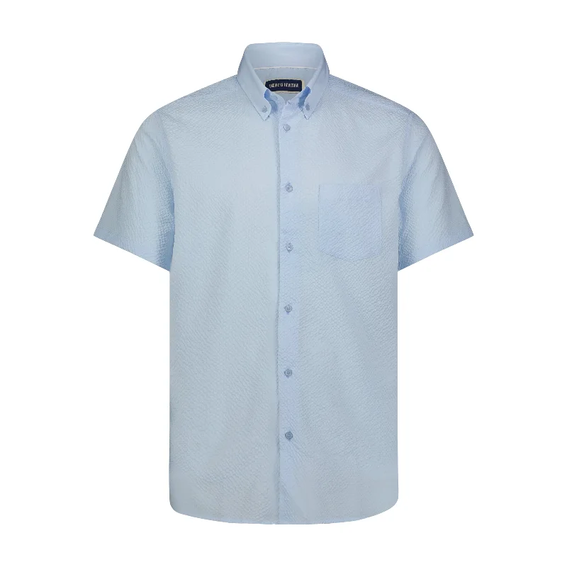 women’s blouse with stylish patterns -Sky Blue Seer Sucker Stretch Button Down Short Sleeve Shirt