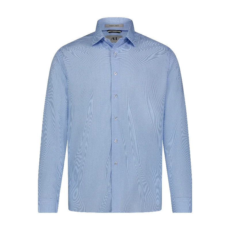 casual office shirt with button details -Sky Blue White Mini Geo Print Hidden Button Down Long Sleeve Shirt