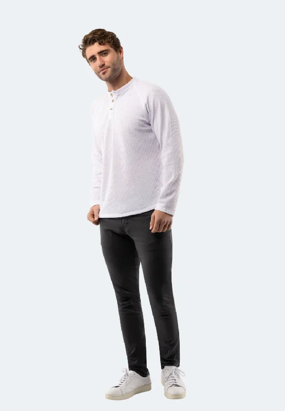 fitted shirt for casual outings -White Waffle Knit 3-Button Henley